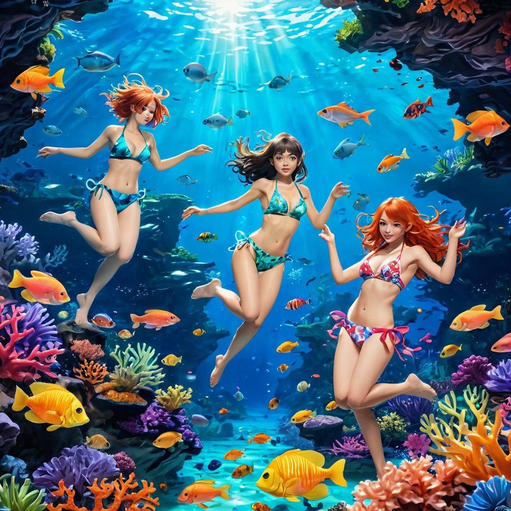 A dynamic underwater scene showcasing diverse bikini swimwear styles inspired by anime and hentai, featuring vibrant characters playfully swimming amidst colorful fish and coral reefs. The characters exhibit various body types and hairstyles, representing inclusivity in fashion. Bright, saturated colors and whimsical designs enhance the playful theme. The background is a whimsical underwater landscape with rays of light filtering through the water. vibrant colors. surreal. 3D.